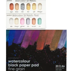Akvarelsæt Panduro Metallic – 1 sort akvarelblok A4 + 12 metallic-akvarelfarver