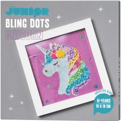 Bling Dots billede unicorn, diamond painting for børn – bling dots, motiv og billedramme på 19×19 cm
