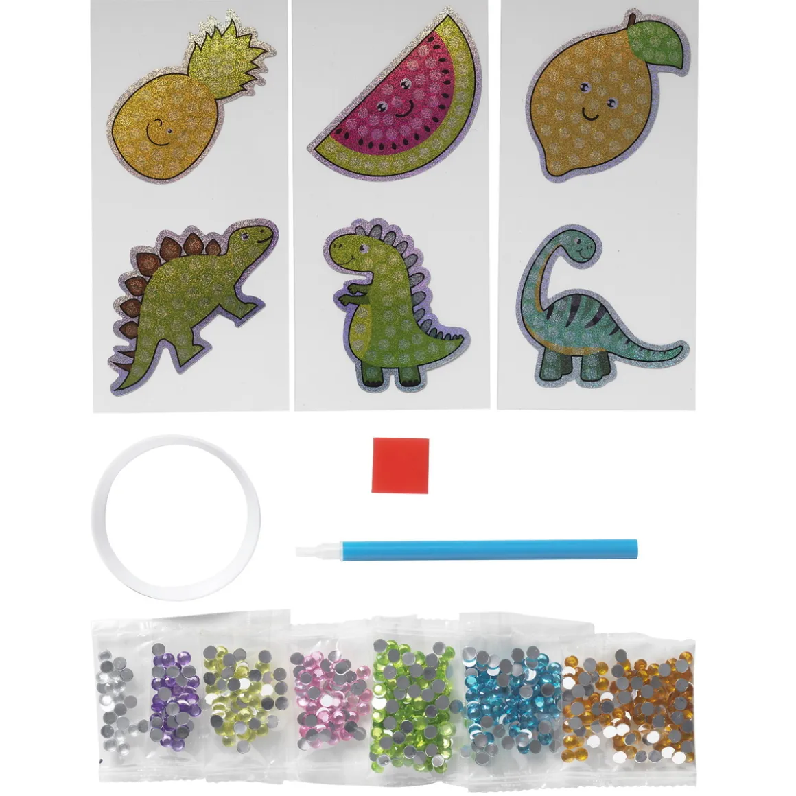 Bling Dot Stickers – 6 glitrende klistermærker med dinosaurer og frugter!