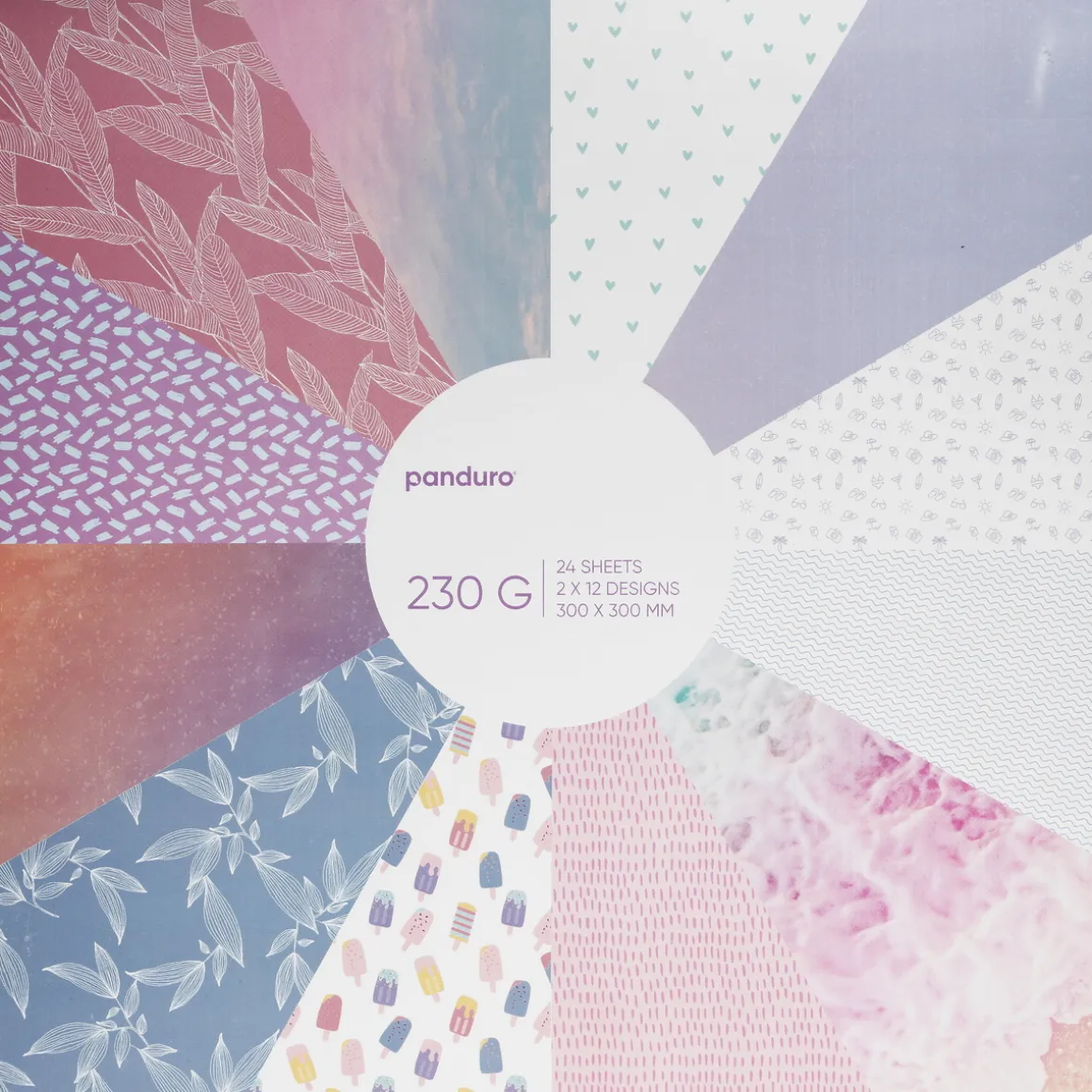 Blok med designark 30×30 cm i lyse farver & mønstre, 24 ark, 230 g/m²