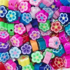 Blomsterperler af ler, ca. 100 stk. farvestrålende og detaljerede perler, ca. Ø1 cm