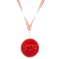 Chokolademedalje I love you med medaljebånd. Mælkechokolade. Ø7,5 cm. Vægt 23 gram