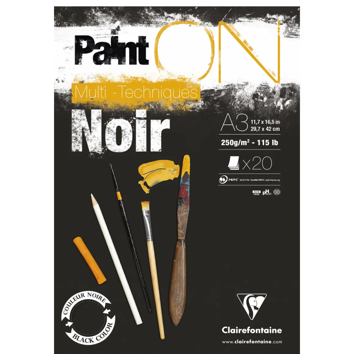 Clairefontaine Paint ON Multi Techniques blok A3 (297×420 mm), 20 sorte ark, 250 g/m²