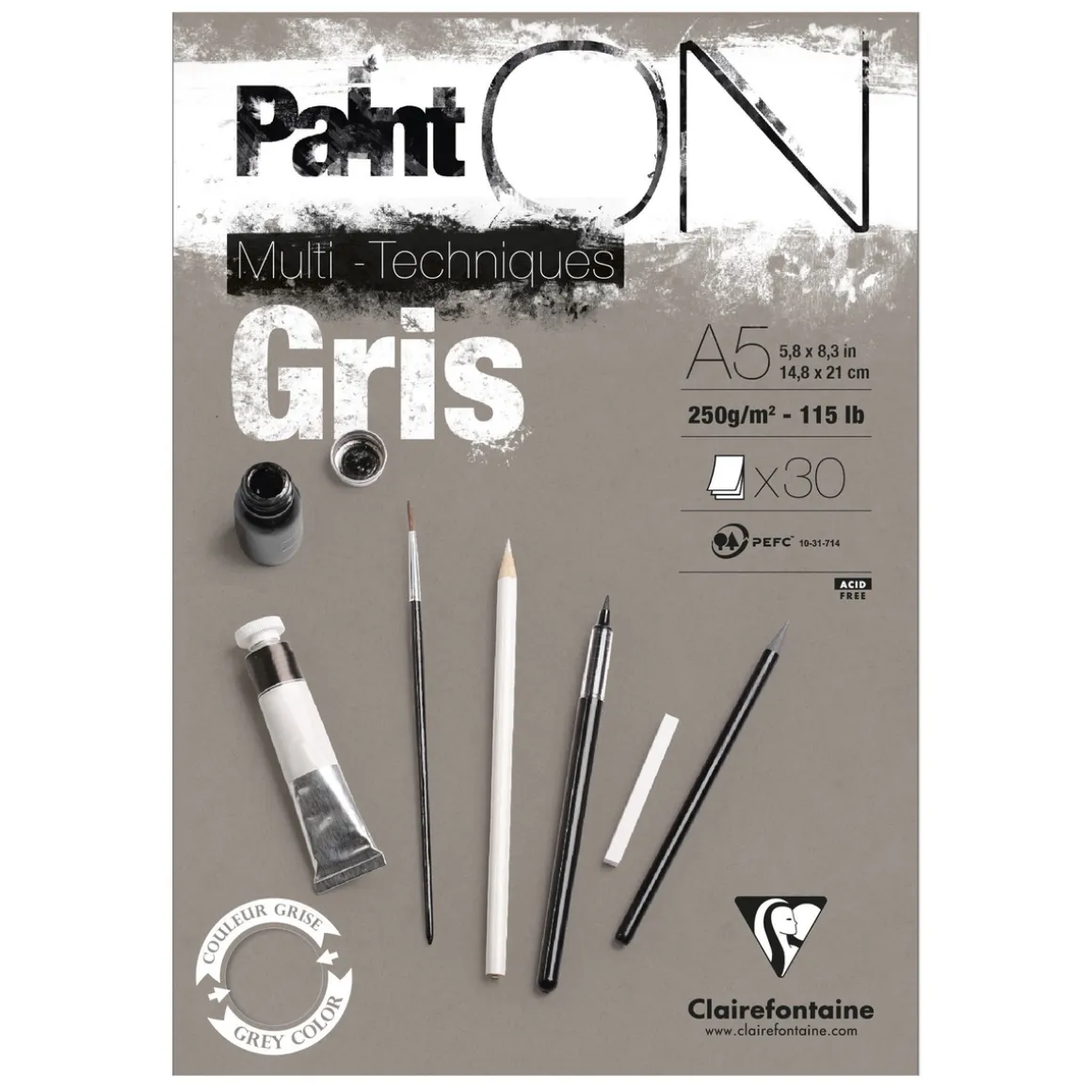 Clairefontaine Paint ON Multi Techniques blok A5 (148×210 mm), 30 grå ark, 250 g/m²