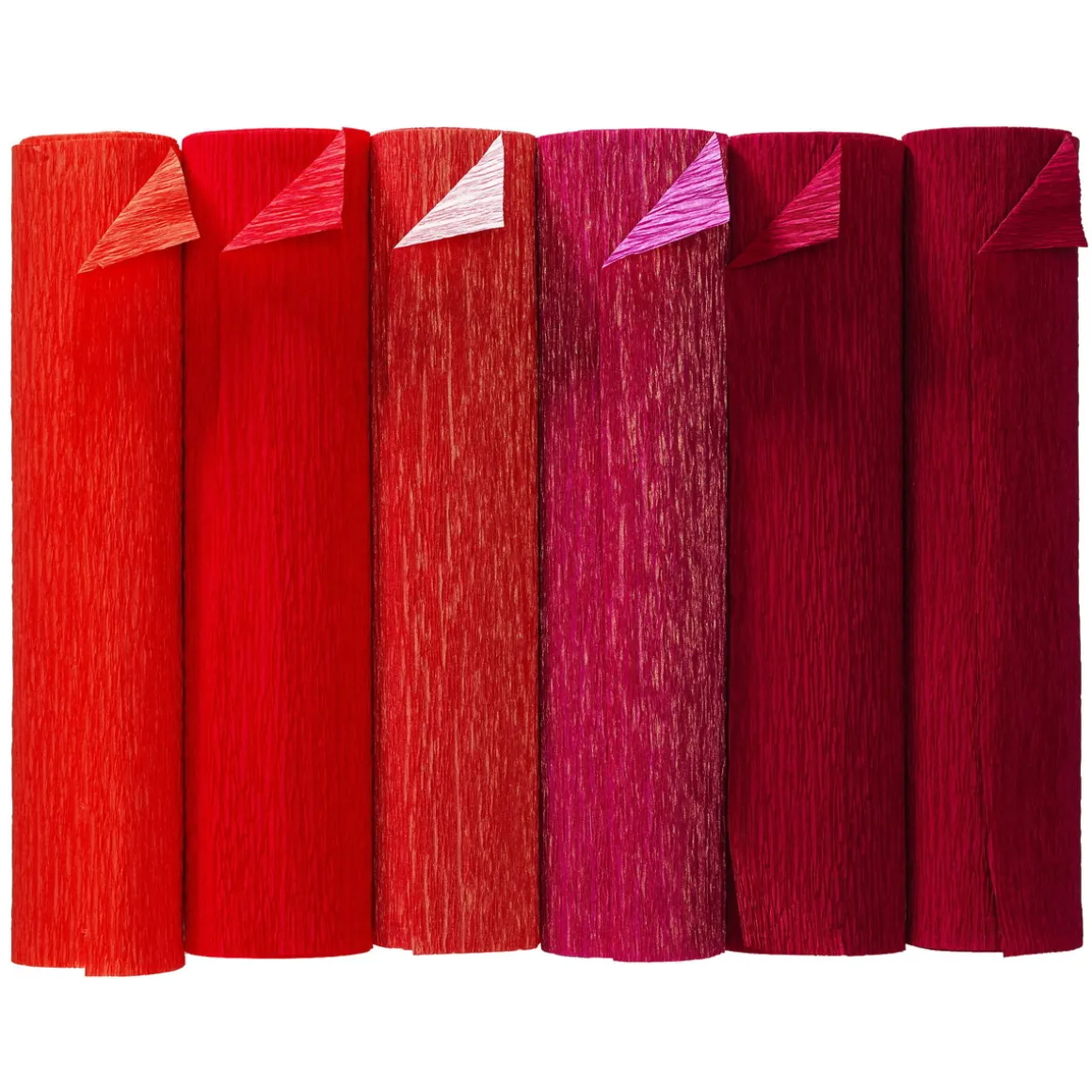 Crepepapir i fem røde nuancer, to med metallic – 6 ruller a 25×250 cm