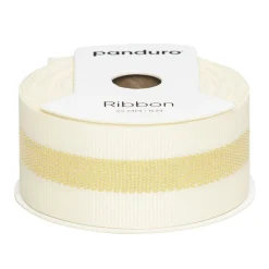 Dekorationsbånd offwhite med bred guldsøm, 8 m langt og 25 mm bredt