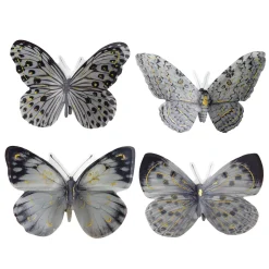 4 dekorationssommerfugle i mørke nuancer med guldglitter 12,5×9 cm