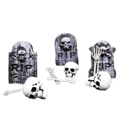 Dekorationssæt med gravsten i styropor og skeletdele af plast 10 dele