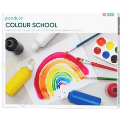 Farveskolen kit – 5×250 ml hobbyfarve til børn, pensler, akvarelblok og guide