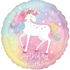 Folieballon Ø45 cm – enhjørning med teksten Birthday wishes