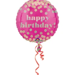 Folieballon Ø45 cm – rosa ballon med holografisk prikker – happy birthday