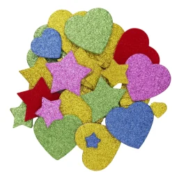 Funky Foam selvklæbende mosgummi glitrende stjerner og hjerter, 200 stk.
