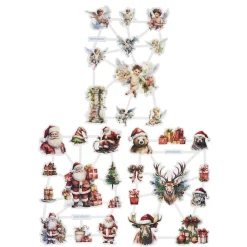 Glansbilleder med engle, nisser og julemotiver, 3 ark a 16,5×23,5 cm