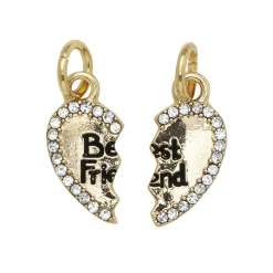 Guldfarvede charms-vedhæng, delt hjerte med bling "Best Friend" 8×13 mm