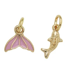 Guldfarvede charms-vedhæng, fisk med bling 6×12 mm, rosa havfruehale 12×8 mm