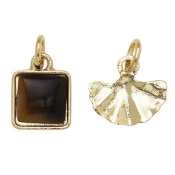 Guldfarvede charms-vedhæng, fjer 15×8 mm, sten 10×10 mm