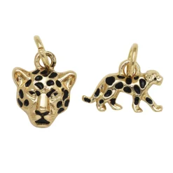 Guldfarvede charms-vedhæng, leopardhoved 12×11×3 mm, leopard 15×7×3 mm