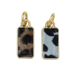 Guldfarvede charms-vedhæng, rektangler med motiv af leopard- og kopels, 7×13 mm