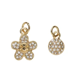 2 guldfarvede vedhæng/charms, blomst med simili 12×15 mm, cirkel simili Ø8 mm