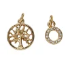 2 guldfarvede vedhæng/charms, cirkel med simili Ø8 mm, træ Ø13 mm