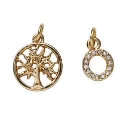 2 guldfarvede vedhæng/charms, cirkel med simili Ø8 mm, træ Ø13 mm