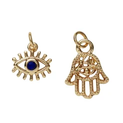 2 guldfarvede vedhæng/charms, hånd med simili 15,×12 mm, øje med simili 11×8 mm