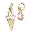 2 guldfarvede vedhæng/charms med simili, is 8×15,5 mm, dråbe 5×7,5 mm