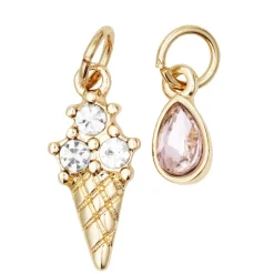 2 guldfarvede vedhæng/charms med simili, is 8×15,5 mm, dråbe 5×7,5 mm