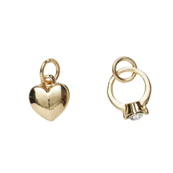 2 guldfarvede vedhæng/charms, ring med simili 9×10,8 mm, hjerte Ø8 mm