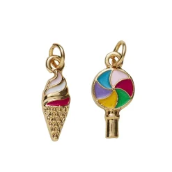 2 guldfarvede vedhæng/charms, slikkepinde med farver 8,8×17,3 mm, is 5,7×17,6 mm