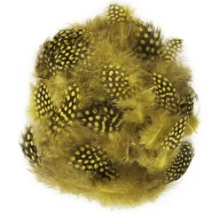 Gulprikkede fjer fra perlehøns, længde 3-10 cm, ca. 40 stk.