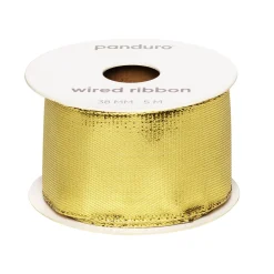 Gyldent satinbånd med metalkant – 38 mm bredt og 5 meter langt