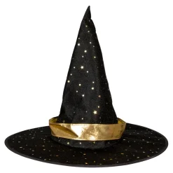 Heksehat halloween, sort med skinnende gulddetaljer, børnestørrelse. Ø32 cm, længde 28 cm