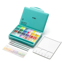 HIMI Gouache Twin Cup Kit, 48 jelly gouachefarver, 3 pensler og palet