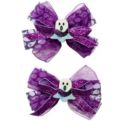 Hårklemmer til halloween, lille sløjfer af 3 bånd, spøgelsestema, 10×5 cm – 2-pak