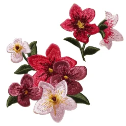 Iron-on applikation 2 blomster med glitterdetaljer, en stor (85×65 mm) og en lille