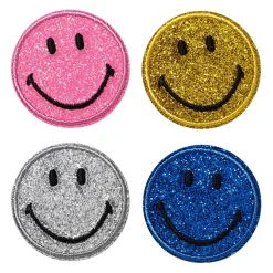 Iron-on applikation 4 glitrende smileys i 4 forskellige farver Ø40 mm