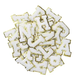 Iron-On bogstaver, hvide med guldglitter, 40 stk. A–Z, længde 6 cm