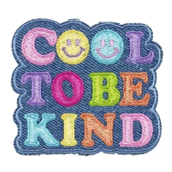 Iron-on stofmærke med teksten Cool to be kind + smileys, 65×57 mm