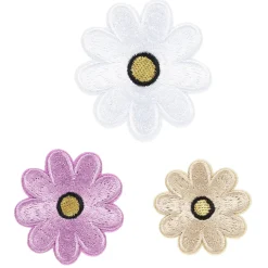 Iron-on stofmærker margueritter 3 stk. Søde skinnende blomster med guldtråd i midten, Ø30-45 mm