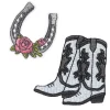 Iron-on stofmærker 2 stk. Cowboyboots 55×55 mm og hestesko med blomst 35×40 mm