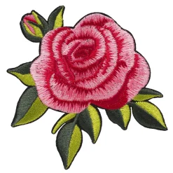Iron-on stofmærke stor og skinnende rosa rose med grønne blade, 70×75 mm