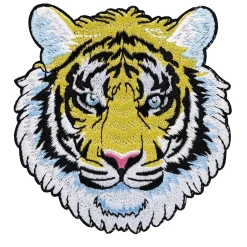 Iron-on stofmærke stort skinnende tigerhoved, Ø85 mm
