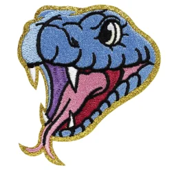Iron-on stofmærke stort slangehoved med gnistrende kant fyldt med guldglitter! 70×77 mm