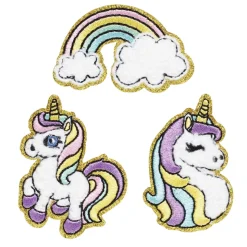 Iron-on stofmærke unicorns, 3 stk. 2 vildt søde enhjørninger og 1 regnbue med guldglitter, 35-50 × 30-50 mm