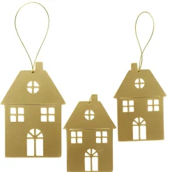 Juledekoration, 3 stk. gyldne ophæng af metal – 1 stort hus 7,5×11 cm, 2 huse 6×9 cm