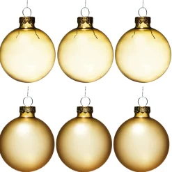 Juletræskugler, 6 stk. fine, gyldne julekugler af glas Ø6 cm – 3 matte og 3 blanke