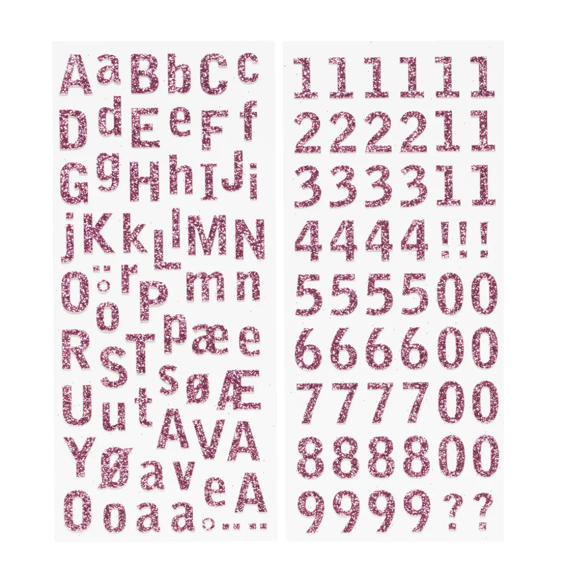 Klistermærker, bogstaver og tal med rosa glitter. 4 ark, 3 med bogstaver, 1 med tal