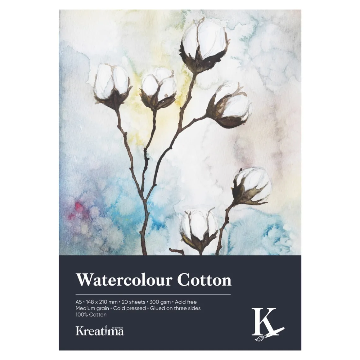 Kreatima Watercolour akvarelblok 100% bomuld A5 (148×210 mm), 20 ark, 300 g/m²