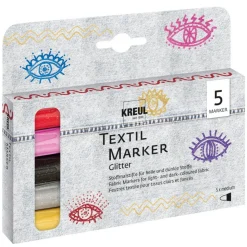 KREUL Tekstilpenne 5-pak Glitter – penne med tekstilfarve til lyst & mørkt stof